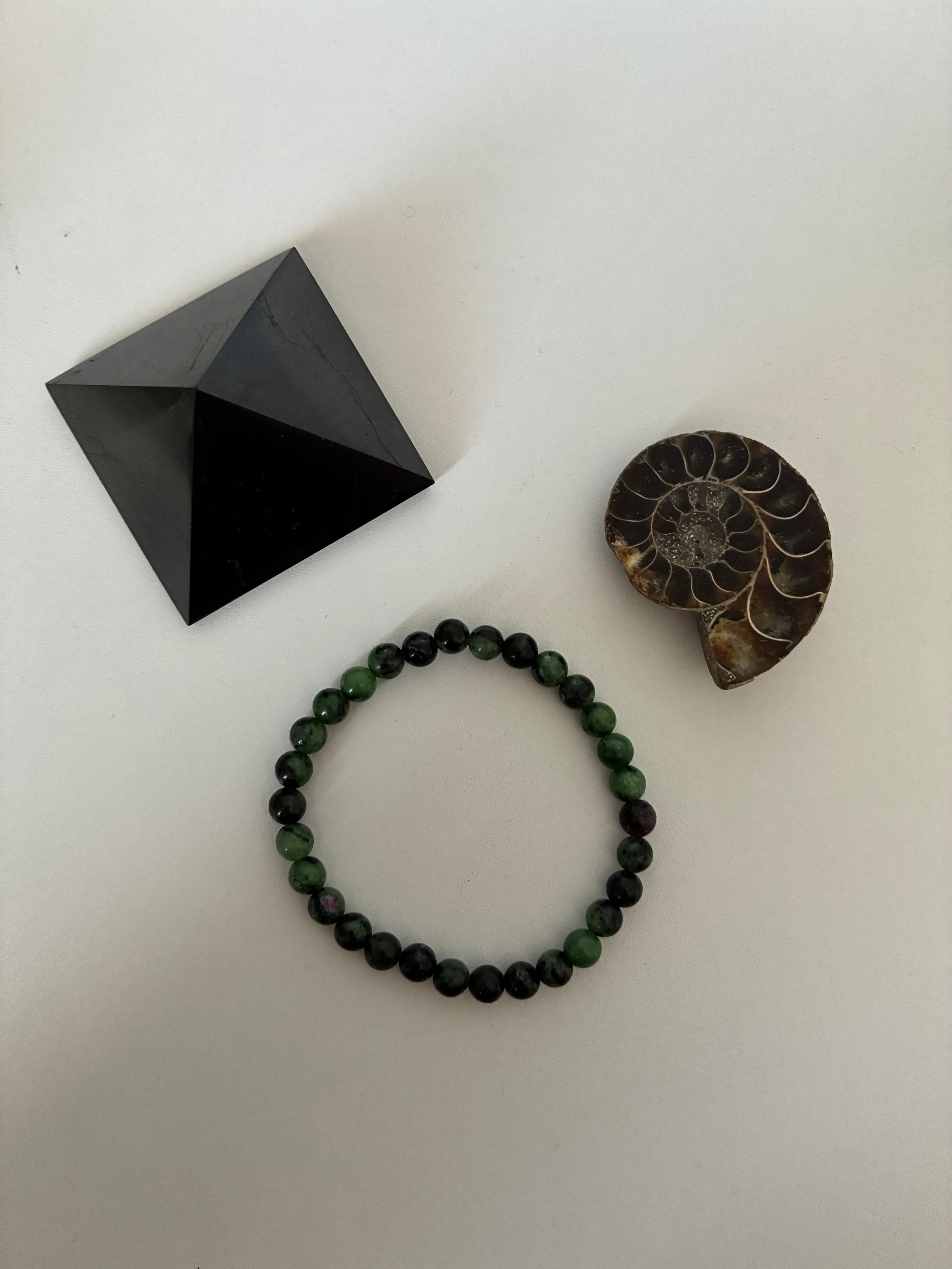 Ruby Zoistite, Ammonite, & Shunghite Pyramid Set